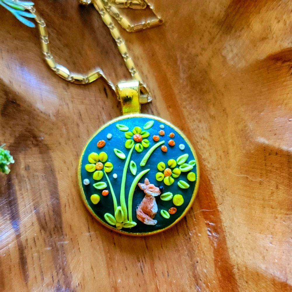 Handcrafted round pendant little fox